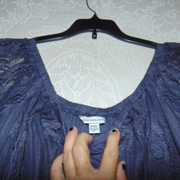 American Eagle Tunic blouse lace womens scalloped cottagecore Whimsigoth blue M - Picture 4 of 11